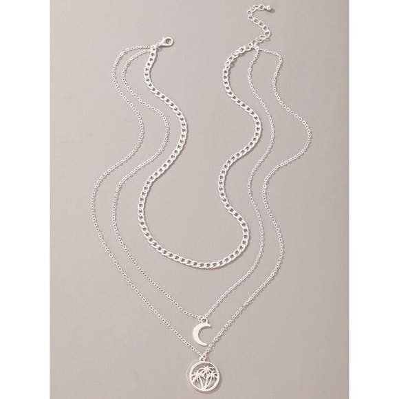 Moon & Palm Trees Charm Layered Necklace Silver - Picture 2 of 5